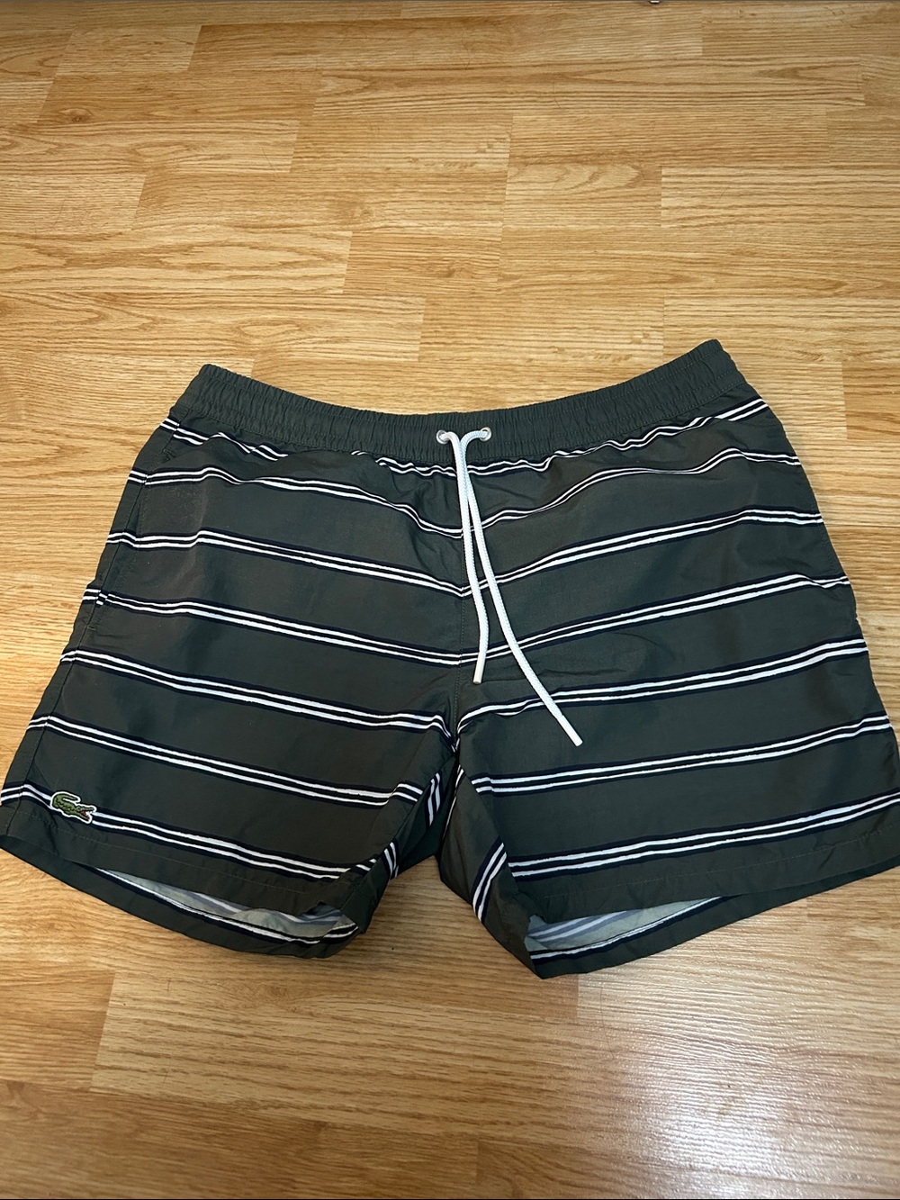 Lacoste Men's Dark Green Striped Swim Trunks with White Drawstring